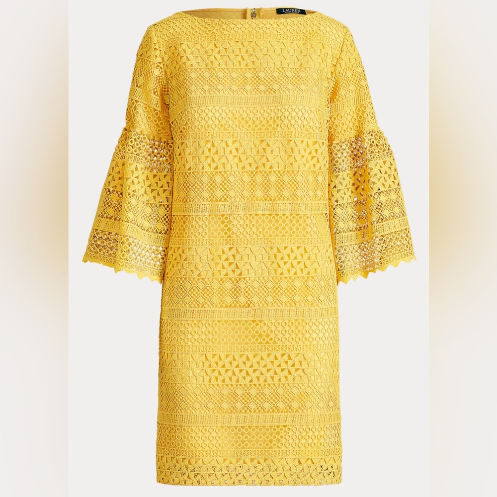 Lace Bell-Sleeve Dress Saffron Yellow Sz 4